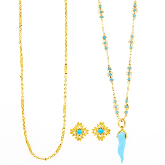 Long High Karat Gold Chain Necklace, Long Gold, Turquoise Enamel and Turquoise Pendant-Necklace and Pair of Earrings