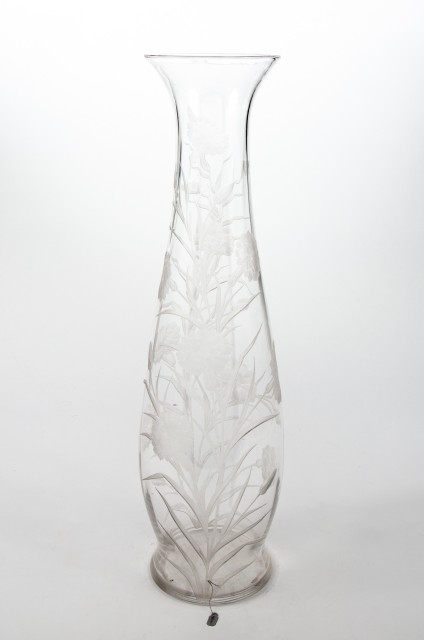 Large Victorian Acid-Etched Glass Vase Decorated with Flowers