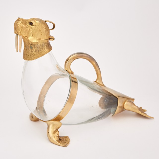 Novelty Gilt-Metal Mounted Glass Walrus-Form Decanter