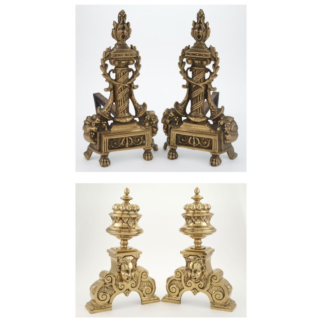 Pair of Continental Baroque Style Brass Chenets; Together with a Pair of Louis XVI Style Gilt-Metal Andirons