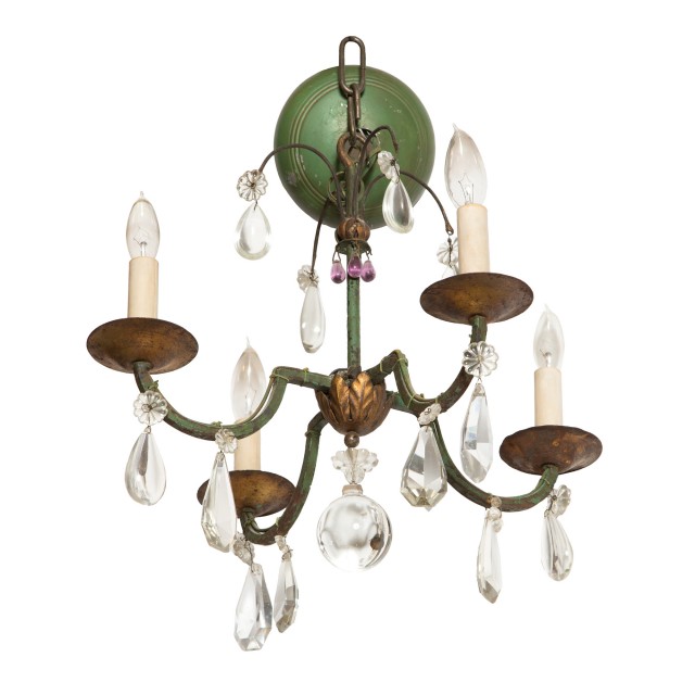 Rococo Style Painted, Gilt-Metal and Glass Four-Light Chandelier