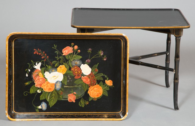 Victorian Style Floral Decorated Black Lacquer Tray on Stand