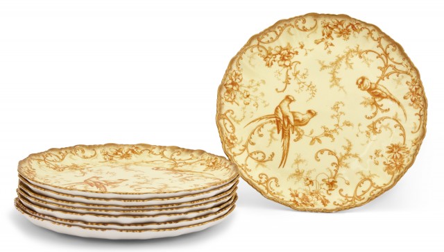 Set of Eight Brown-Westhead, Moore and Co. Gilt and Transfer Decorated 'Cauldon Ware' Porcelain Dessert Plates