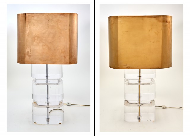 Pair of Karl Springer Stacked Acrylic Table Lamps with Brass Shades