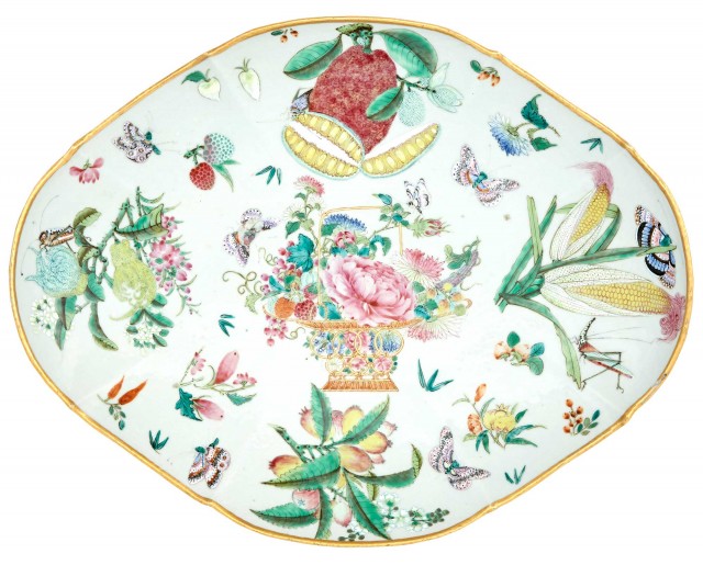 A Chinese Famille Rose Enamel-Decorated and Parcel-Gilt Porcelain Footed Dish