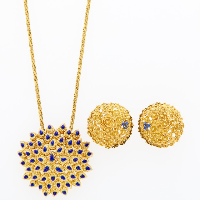 Gold and Blue Enamel Pendant-Brooch with Chain and Pair of Gold and Sapphire Earrings