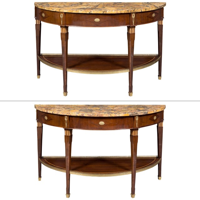 Pair of Continental Neoclassical Brass-Mounted Walnut Marquetry Side Tables