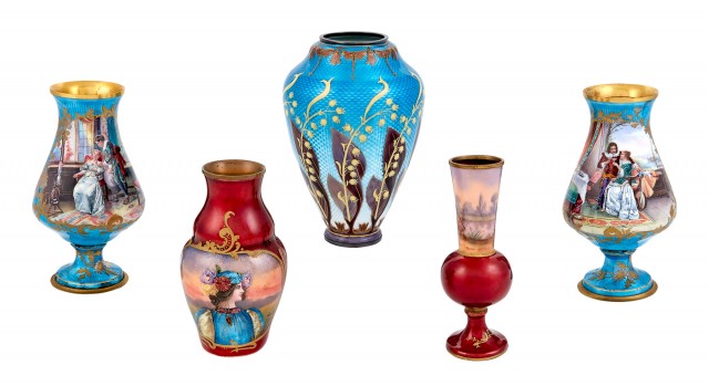 Group of Five Continental Enamel Vases