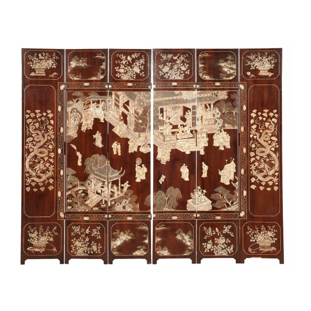 Chinese Brown and Polychrome Lacquer Six-Panel Screen
