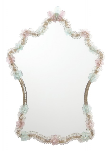 Murano Glass Floral Decorated Cartouche-Shaped Mirror