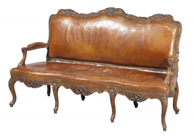 Louis XV Leather-Upholstered Beechwood Settee