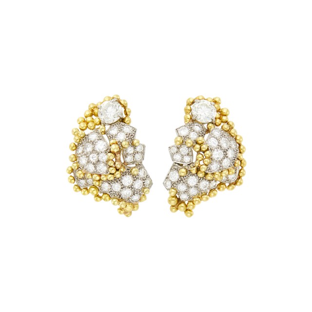 Pair of Two-Color Gold and Diamond Earrings