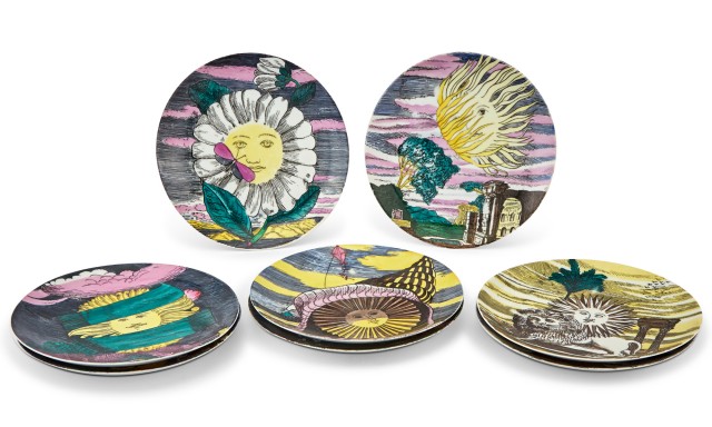 Set of Eight Piero Fornasetti Transfer-Printed Sun-Themed Ceramic Dinner Plates