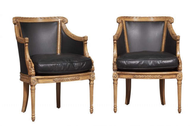 Pair of Directoire Style Upholstered Stained Wood Bergères