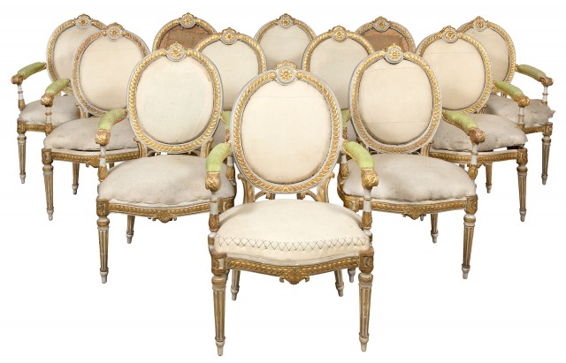 Set of Twelve Italian Neoclassical Painted and Parcel-Gilt Armchairs