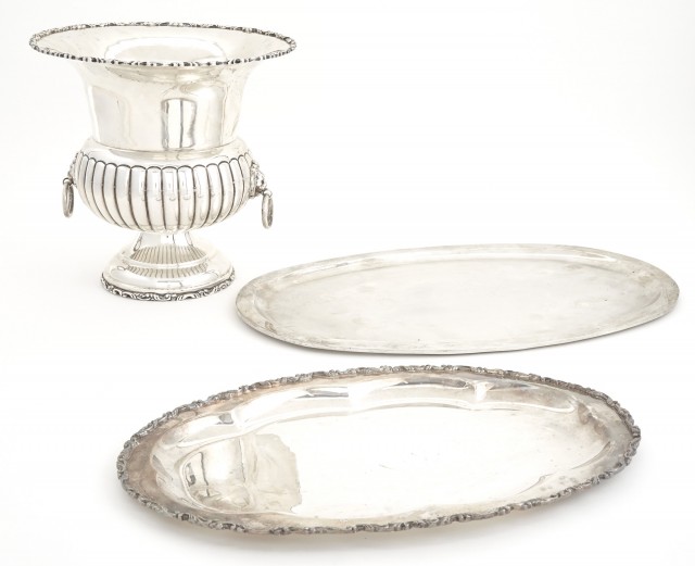 Two Mexican Sterling Silver Trays; Together with a Mexican Sterling Silver Bottle Cooler