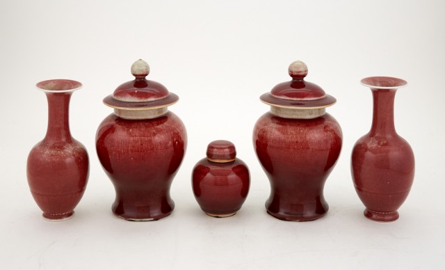 Group of Five Chinese Sang de Boeuf Porcelain Articles