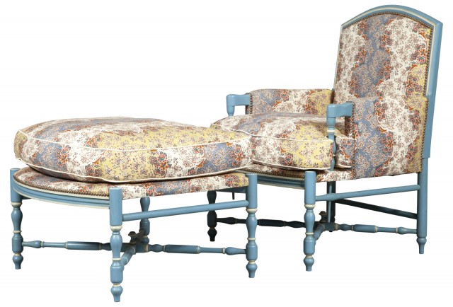 French Provincial Style Painted and Upholstered Armchair and Ottoman
