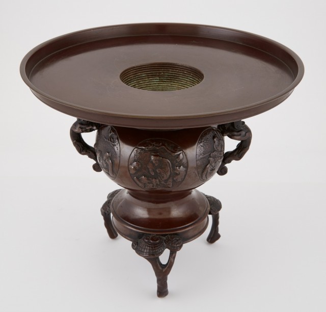 Japanese Two-Part Bronze Wide Rimmed Two-Handled Tripod Vase