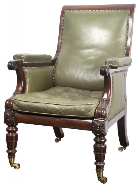 William IV Mahogany and Green Leather-Upholstered Bergère