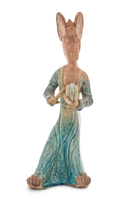 A Chinese Blue Glazed Pottery Figure of a Woman Musician with Drum
