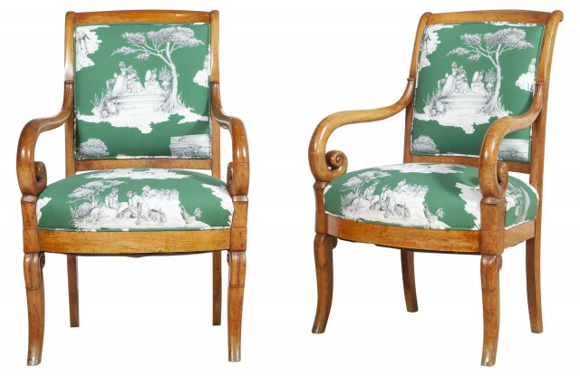 Pair of Restauration Harlem Toile Upholstered Walnut Fauteils