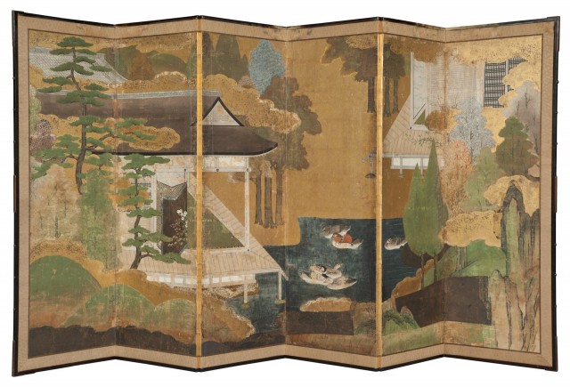 Japanese Polychrome-Painted and Gilt-Decorated Paper and Silk-Edged Six-Panel Screen