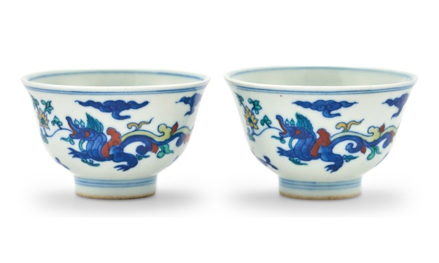 A Pair of Chinese Doucai Porcelain Cups