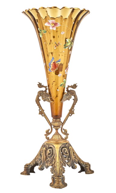 French Bronze Mounted Enameled Glass Trumpet Vase