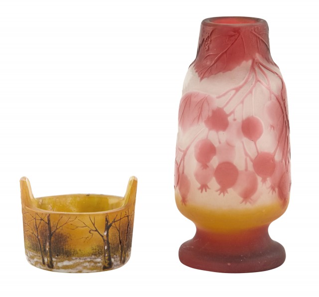 Gallé Acid-Etched Foliate Decorated Cameo Glass Miniature Cabinet Vase; Together with a Daum Art Nouveau Acid-Etched and Enameled Pail-Form Open Salt Cellar