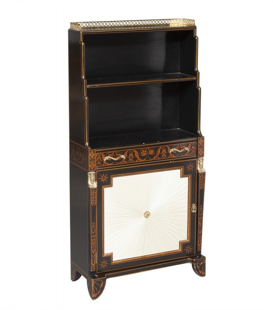 Regency Style Brass-Mounted Black Painted Side Cabinet/Bookshelf