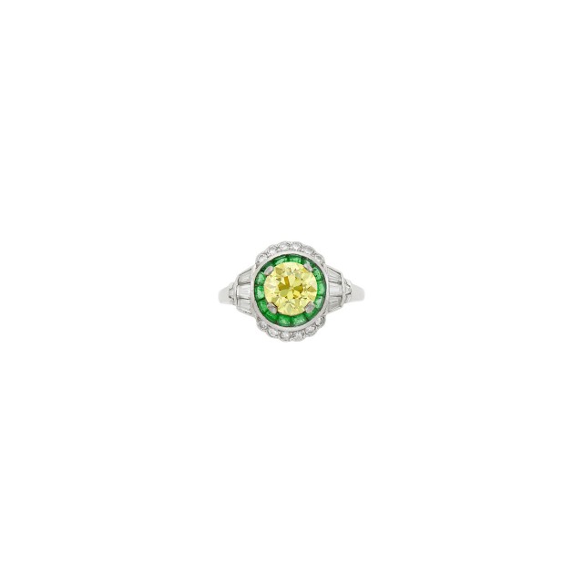 Platinum, Fancy Intense Yellow Diamond, Emerald and Diamond Ring