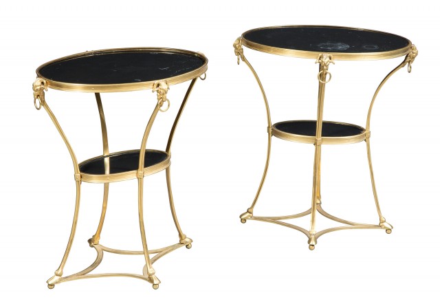 Pair of Louis XVI Style Gilt-Metal and Black Slate Oval Gueridons