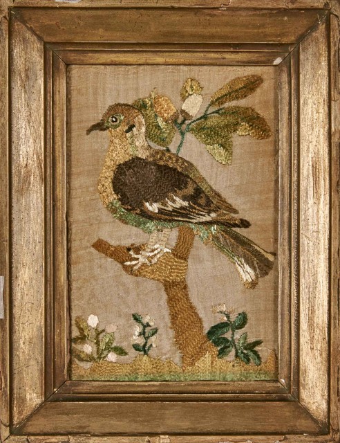 English Needlework on Silk Picture of a Bird