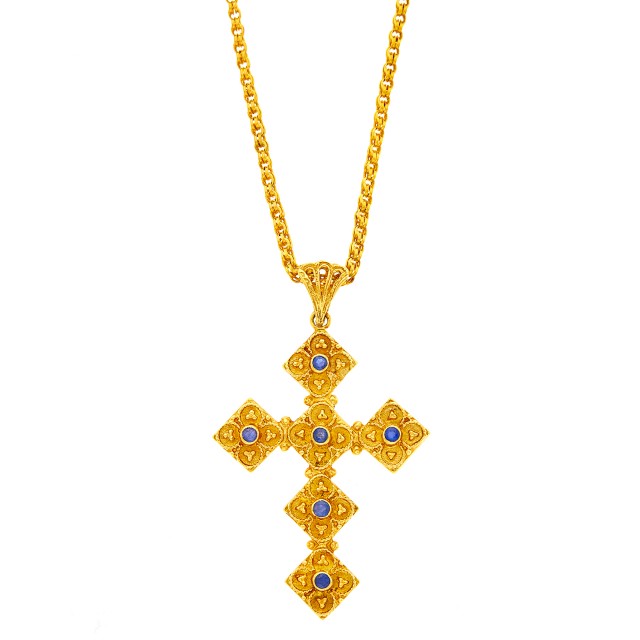 Gold and Sapphire Cross Pendant with Gold-Filled Chain Necklace