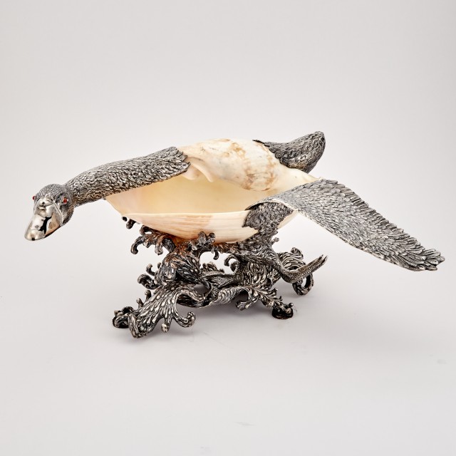 Silver Plate Mounted Shell Flying Goose Centerpiece