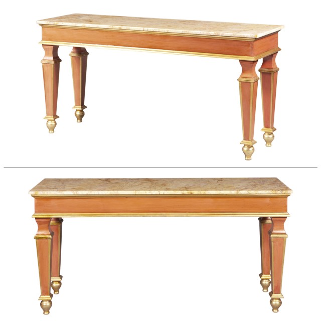 Pair of Salmon-Painted and Parcel-Gilt Marble Top Center Tables