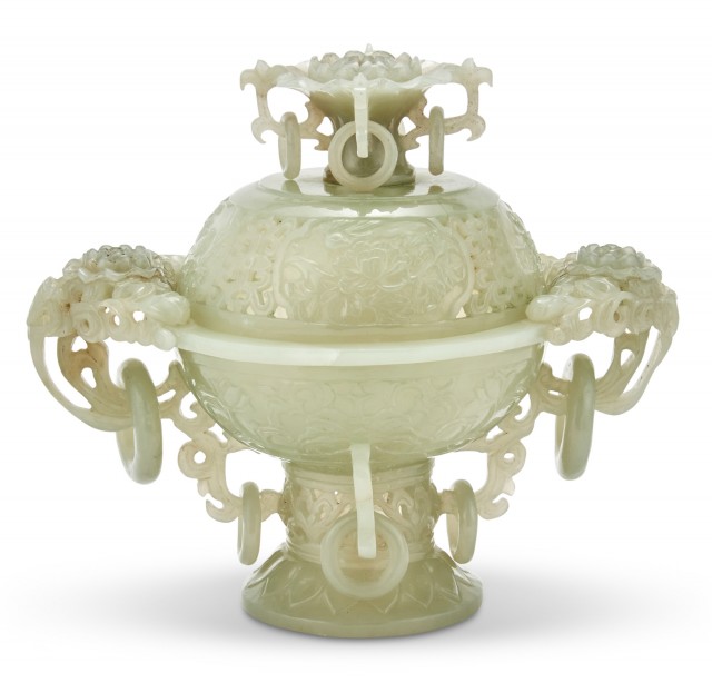 A Chinese Carved White Jade Censer and Cover