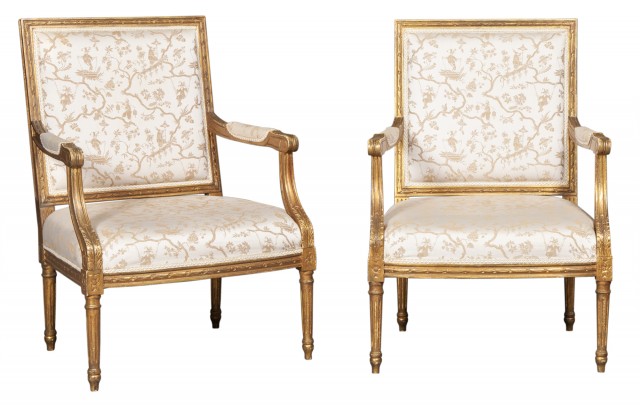 Pair of Louis XVI Style Upholstered Giltwood Fauteuils