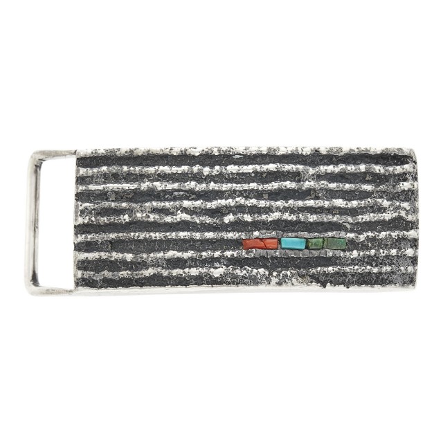 Charles Loloma Tufa-Cast Silver, Turquoise and Coral Belt Buckle
