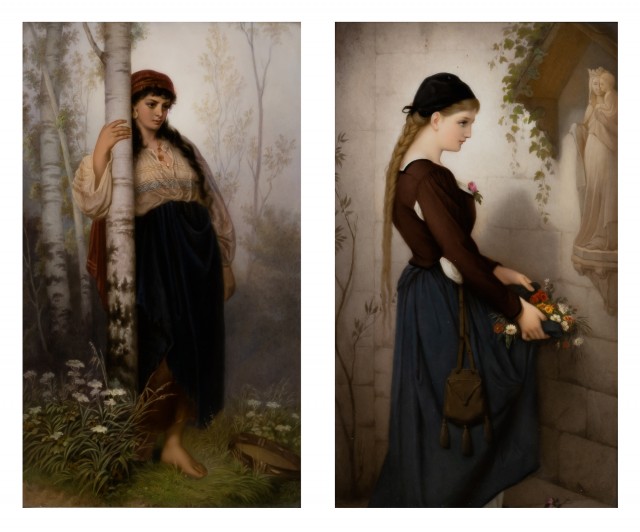 Pair of KPM Porcelain Plaques Depicting a Girl with Long Braid and a Girl Holding a Tree