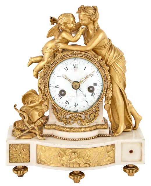 Louis XVI Gilt-Bronze and White Marble Mantel Clock