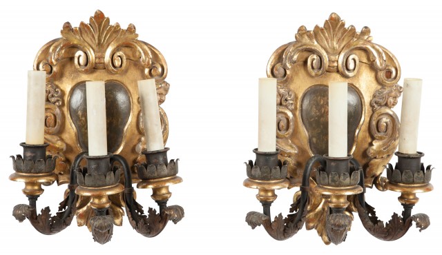 Pair of Italian Renaissance Style Painted, Parcel-Gilt and Tole Three-Light Wall Lights