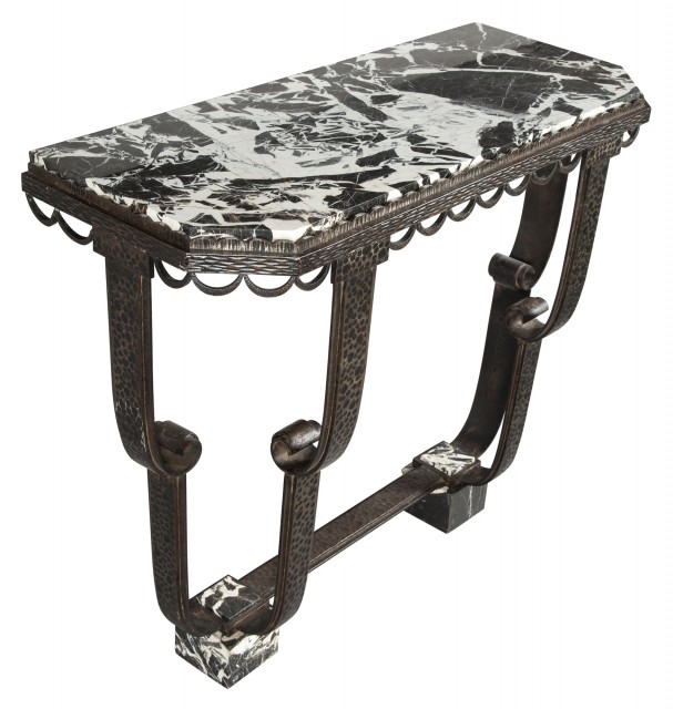 Art Deco Marble Top Wrought Iron Console