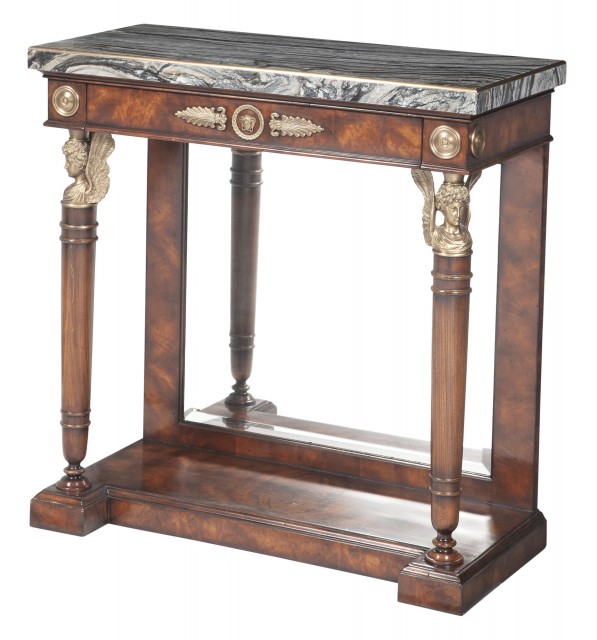 Empire Style Mahogany and Brass-Mounted Marble Top Console Table by Theodore Alexander