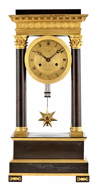 Empire Gilt and Patinated Bronze and Brass Portico Mantel Clock