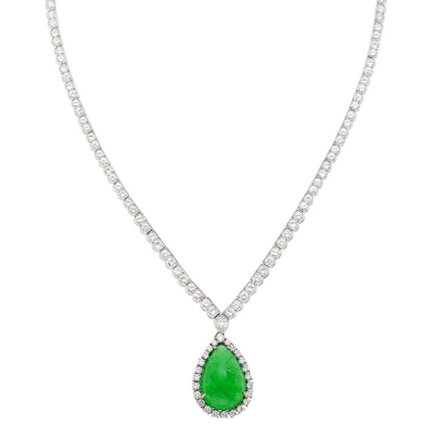 Platinum, Diamond and Cabochon Emerald Pendant-Necklace