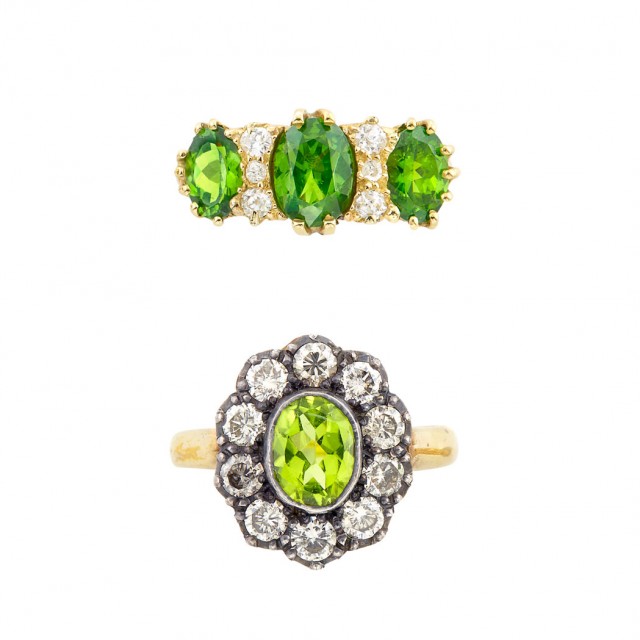 Silver, Gold, Peridot and Diamond Ring and Antique Gold, Demantoid Garnet and Diamond Ring