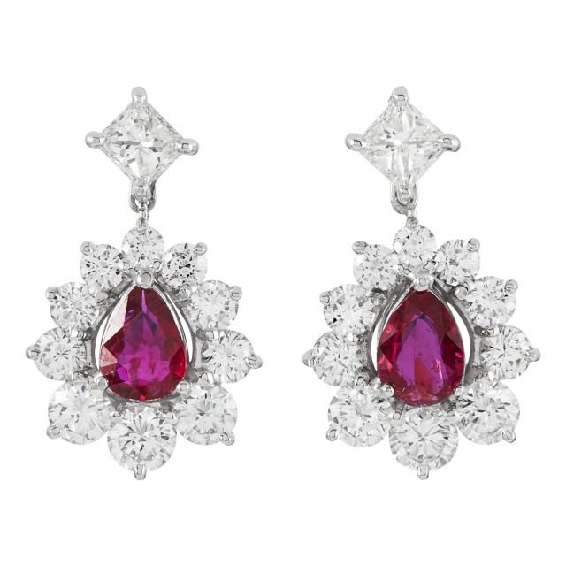 Pair of Platinum, Ruby and Diamond Pendant Earrings