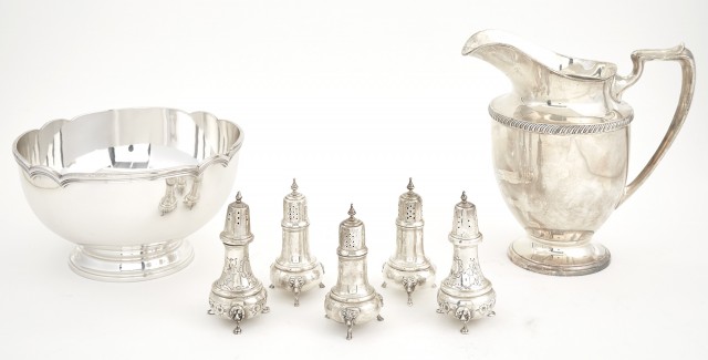 Fisher Sterling Silver Water Pitcher; Together with a Gorham Sterling Silver Bowl and Five Sterling Silver Salt and Pepper Shakers